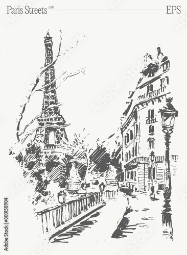 Hand drawn vector illustration of Eiffel Tower, Paris streets