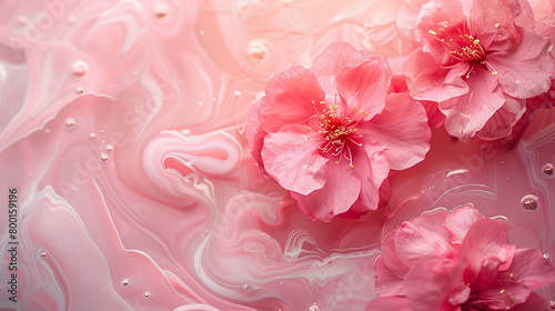 A pink flower is floating in a pink and white swirl of paint