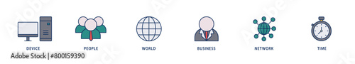 Internet of things icons set collection illustration of device, people, world, business, network and time icon live stroke and easy to edit 