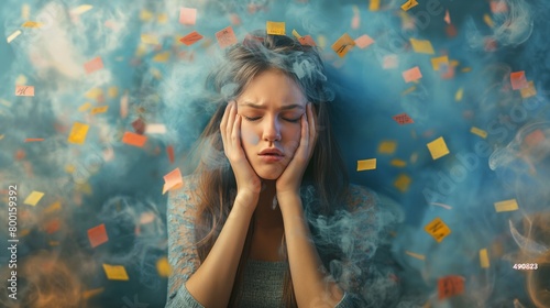 Amidst sticky reminders and doodles, a woman struggles with tasks, feeling overwhelmed by tension