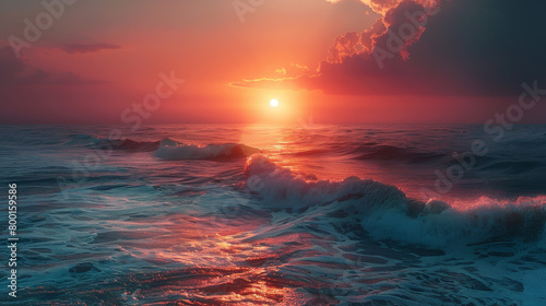 The ocean is calm and the sun is setting  creating a beautiful