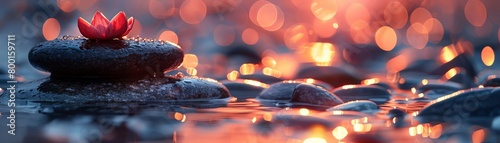 A red flower is sitting on a black rock in the middle of a shallow body of water. The background is out of focus and is a bright orange color.