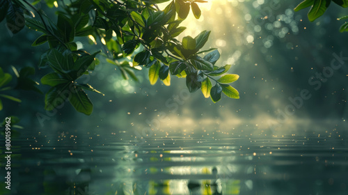 A leafy tree branch is reflected in the water