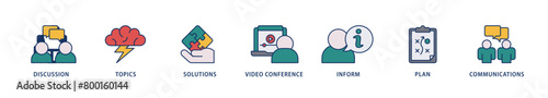 Meeting icons set collection illustration of communications, topics, solutions, plan, inform and video conference  icon live stroke and easy to edit 