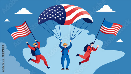 With unrivaled bravery a squad of skydivers descend towards the earth each one clutching a giant American flag united in their love for their country.. Vector illustration