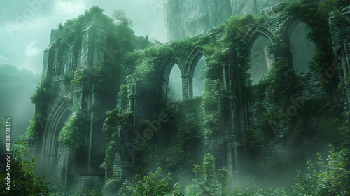 The mysterious lost city of Avalon emerges from the mist  showcasing ancient ruins covered in ivy.