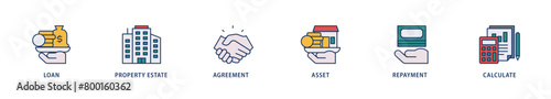 Mortgage icons set collection illustration of loan, property estate, agreement, asset, repayment and calculate icon live stroke and easy to edit 