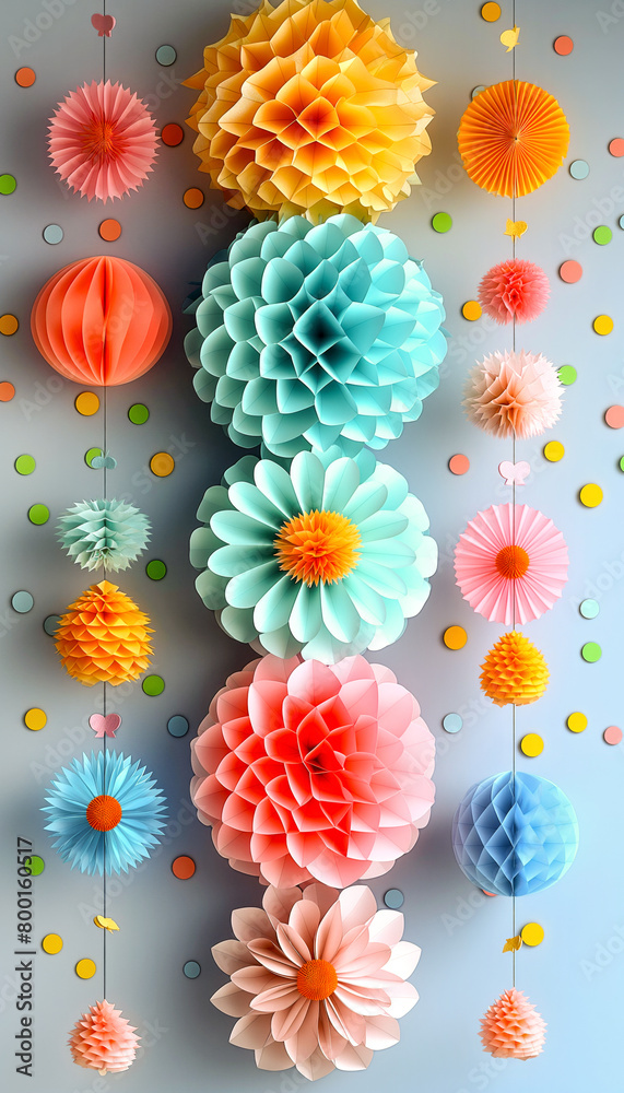 Fototapeta premium Vertical composition of colorful paper decorations hung against a light blue wall.DIY art installation
