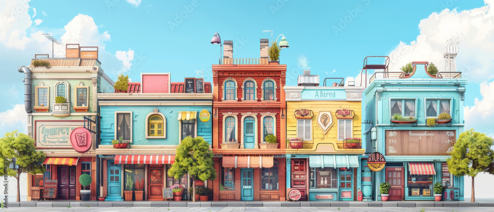 illustration of a street with shop buildings, showcasing urban architecture and city life.