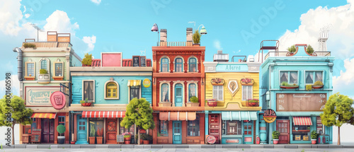 illustration of a street with shop buildings  showcasing urban architecture and city life.