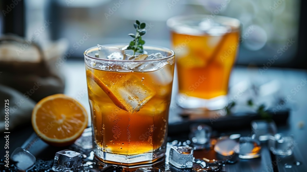 The brewed tea with ice cubes.