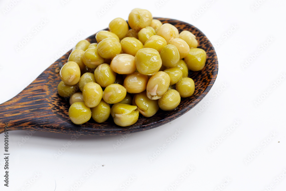 Canned green peas on white background. Canned green peas on white background.
