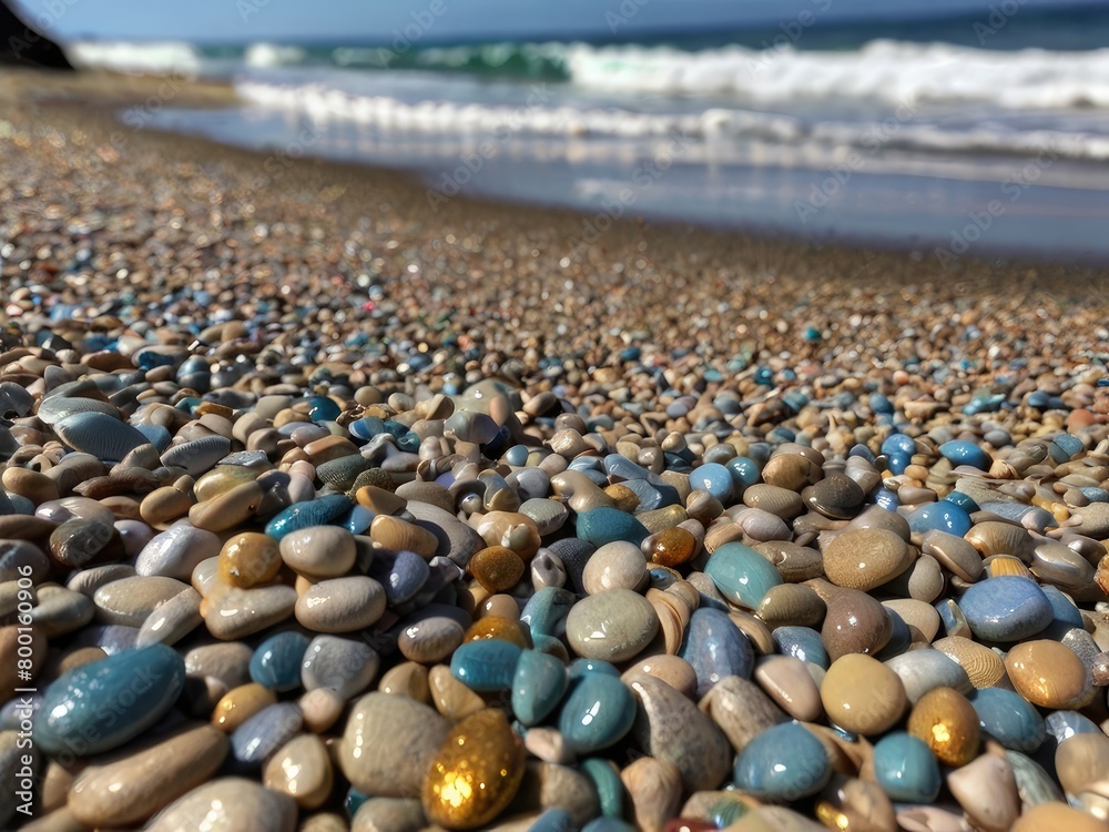 Clear turquoise waters over smooth multicolored pebbles with rugged cliffs in the background Clear turquoise waters over smooth multicolored pebbles with rugged cliffs in the background