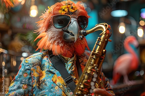 a colorful humanlike bird playing a saxophone in avi-fauna smoking jazz club of copacaban harlem black district full of bad looking gangster birds like eagles or flamingoes, cartoon manga anime