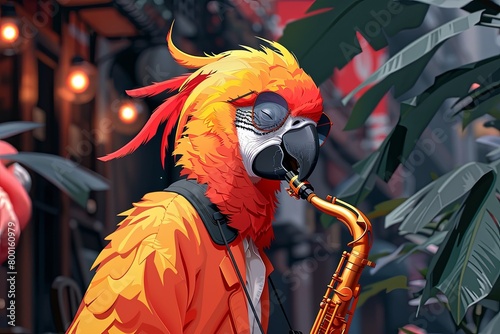 a colorful humanlike bird playing a saxophone in avi-fauna smoking jazz club of copacaban harlem black district full of bad looking gangster birds like eagles or flamingoes, cartoon manga anime photo