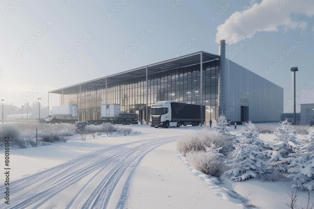 Detailed 3d rendering of spacious logistics warehouse dock station with factory and transport hub Detailed 3d rendering of spacious logistics warehouse dock station with factory and transport hub