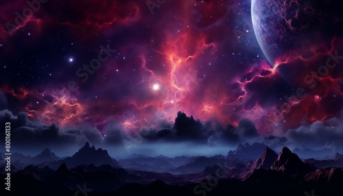 A beautiful space nebula with a planet and mountains in the foreground
