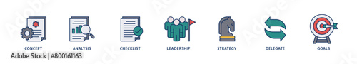 Planning icons set collection illustration of concept, analysis, checklist, leadership, strategy, delegate and goals icon live stroke and easy to edit 