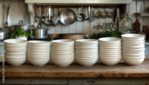 A long wooden table in a kitchen with many white bowls stacked on it.