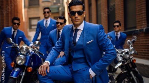 A group of men in blue suits and sunglasses pose on motorcycles.