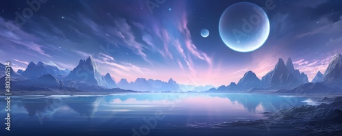 An illustration of a beautiful alien landscape with a lake in the foreground, and mountains and a starry sky in the background.