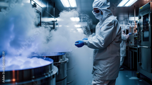 Scientist in a protective white suit conducting works with dry ice, cryogenic engineering experiments, banner
