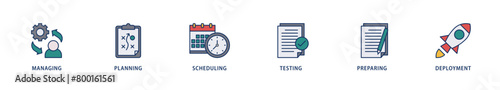 Release management icons set collection illustration of managing, planning, scheduling, building, testing, preparing and deployment icon live stroke and easy to edit 