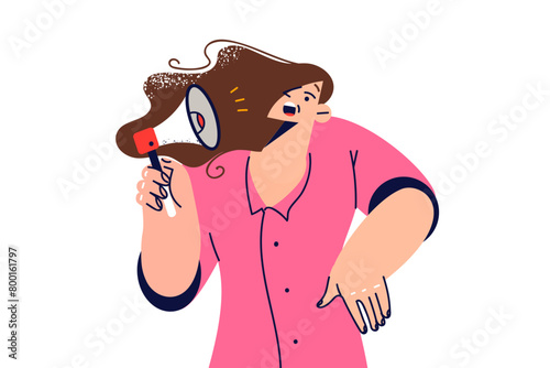 Scared woman hears notification from megaphone, feels embarrassed because of spam or intrusive ads