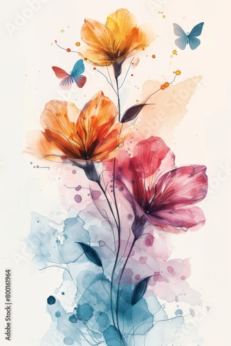 Freesias composed, and a butterfly flying over, watercolor illustration. ai generated
