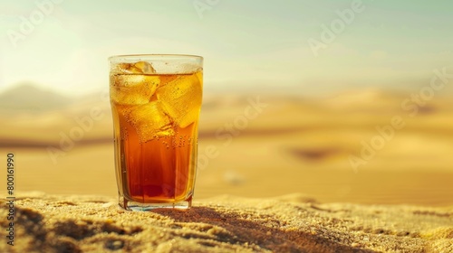 A glass of iced tea shimmering in the desert heat, representing a cool escape in a harsh environment