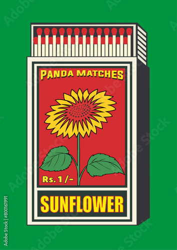 Flower, plant, bloom, blossom, floweret, florets, petals, in Matchbox, matches vector illustration. Vintage or antique packaging design. retro style packaging. Indian art old style design.