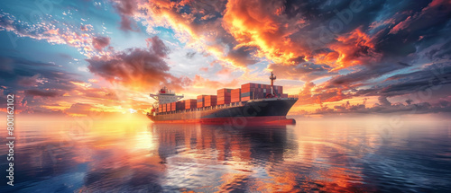 Container Cargo ship at sunrise, logistic import export and transport industry background