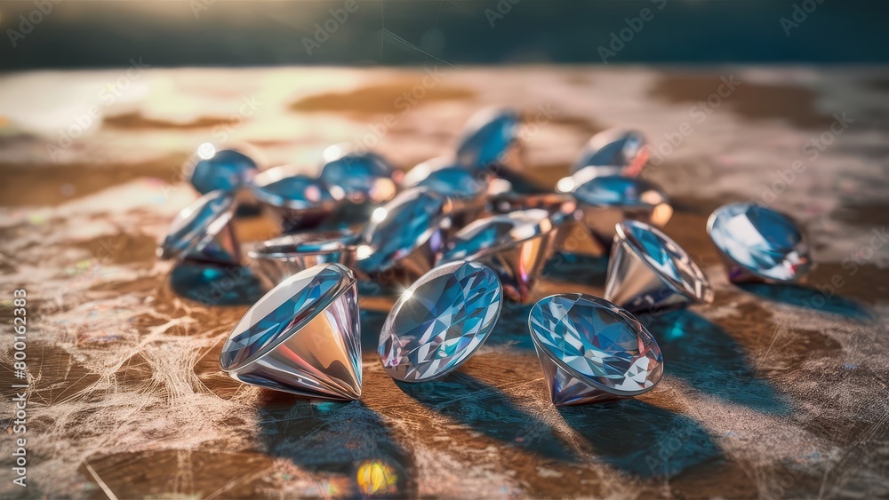 Gems, treasures, precious stones, diamonds, crystals in the dust