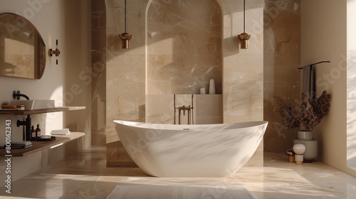 A luxurious bathroom with a freestanding bathtub and marble accents.