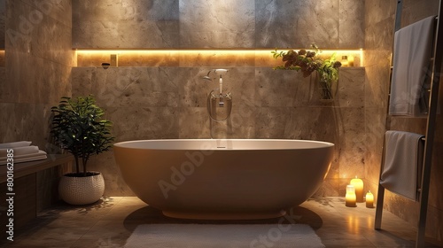 A luxurious spa bathroom with a freestanding tub and elegant fixtures.