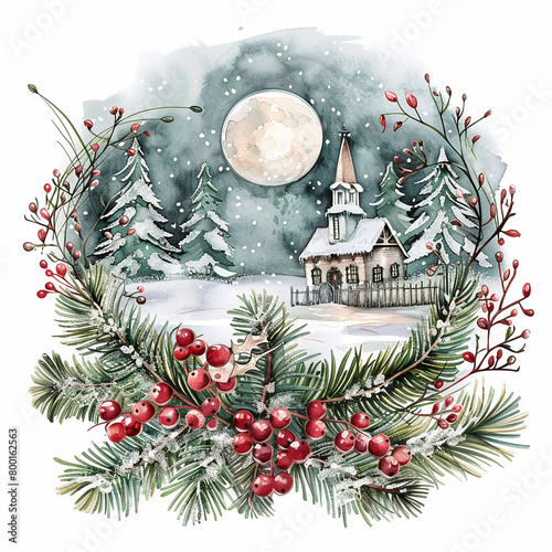 A winter scene with a church and a house in the background. The house is surrounded by trees and the church is in the distance.