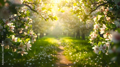 Serene Blossom-Lined Path in Springtime. Sunlight Filtering Through Leaves. A Peaceful Walk in Nature. Ideal for Relaxation and Backgrounds. AI © Irina Ukrainets