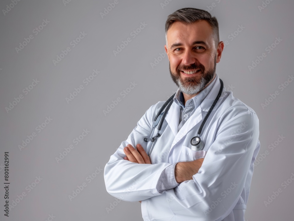 The doctor, wearing a dress shirt and stethoscope around his neck, stands with arms crossed, smiling. His gesture shows confidence and expertise The doctor, wearing a dress shirt and stethoscope around his neck, stands with arms crossed, smiling. His gesture shows confidence and expertise