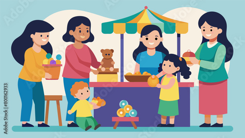 A group of mothers with their young children gather around a stall selling handcrafted toys admiring the skill and creativity put into each and every. Vector illustration