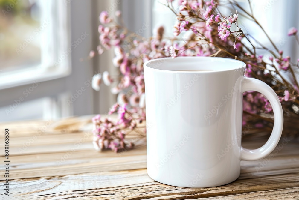 White Blank Mug Mockup in Photographic Scene created with Generative AI White Blank Mug Mockup in Photographic Scene created with Generative AI