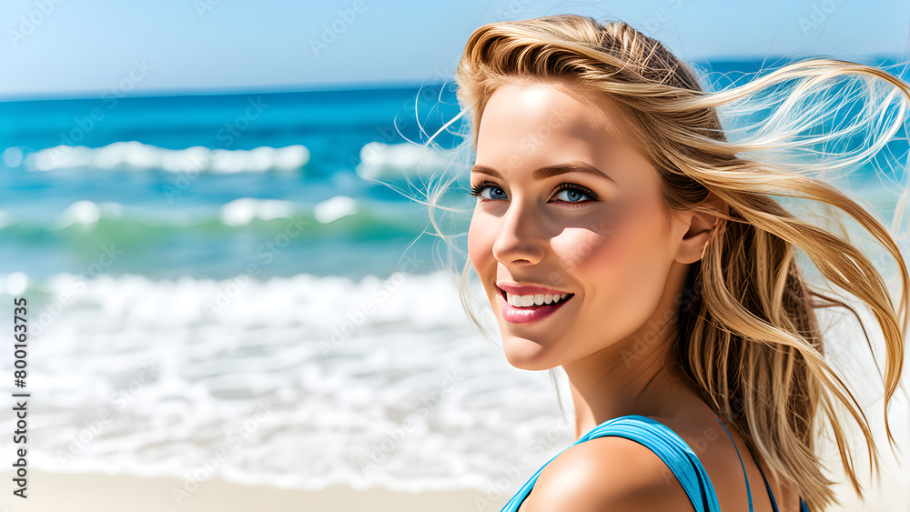 A young girl on a beach vacation, leisure life, beach vacation, with a background of beach ocean and blue sky A young girl on a beach vacation, leisure life, beach vacation, with a background of beach ocean and blue sky