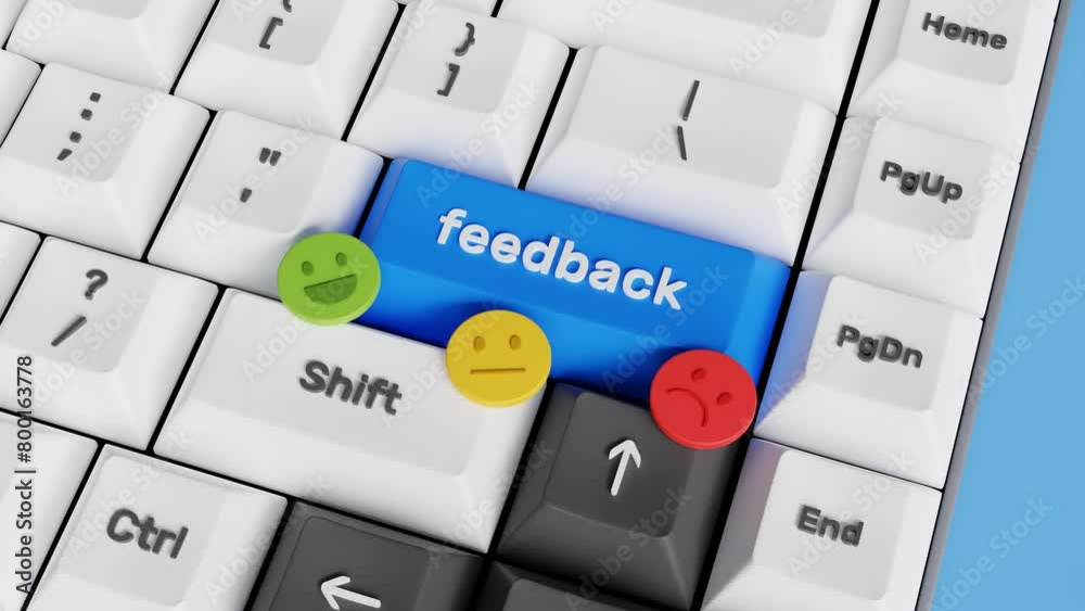 Customer review rating or feedback concept. User experience or client satisfaction, opinion for product and services. 3D keyboard with feedback button for review or rating. 4K 3D animation
