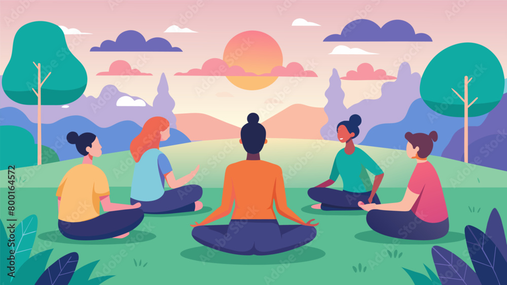 As the city streets came to life a small group of early risers gathered in a quiet park for a sunrise yoga session using the opportunity to open up. Vector illustration As the city streets came to life a small group of early risers gathered in a quiet park for a sunrise yoga session using the opportunity to open up. Vector illustration