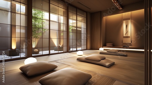 A serene meditation room with floor cushions and soft lighting.