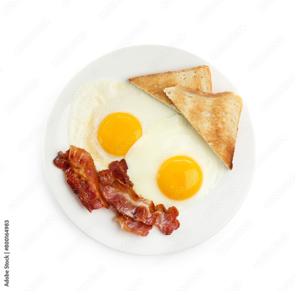 Delicious breakfast with sunny side up eggs isolated on white, top view Delicious breakfast with sunny side up eggs isolated on white, top view