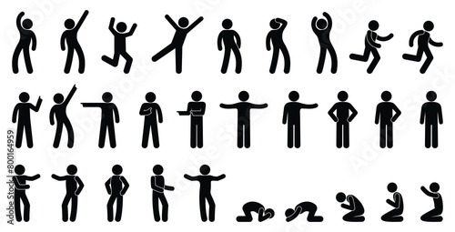 stick figure man, isolated pictogram of people, stickman icon, set of various poses and gestures photo