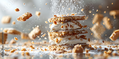 Broken cakes, dry cakes and cookies falling in motion on white background with sprinkling and pieces with crumbs