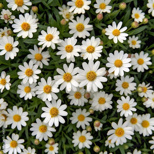 top view of many daisy flower, white, yellow, seamless pattern, beautiful, seamless pattern background.