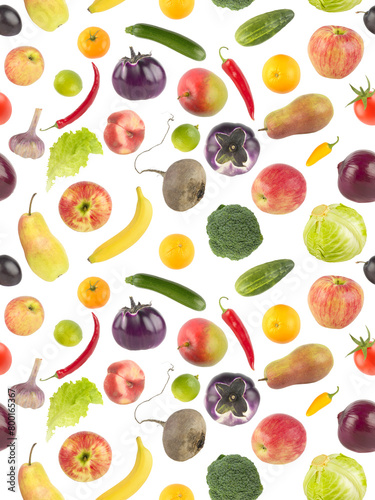 Big set fresh fruits and vegetables isolated on white. Seamless pattern. © Serghei V