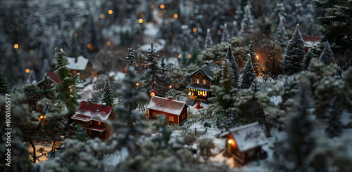a cabin on a red roof in the distance. a dense forest. Small homes with Christmas lights. a cabin with snow on a far-sighted roof. © jixiang